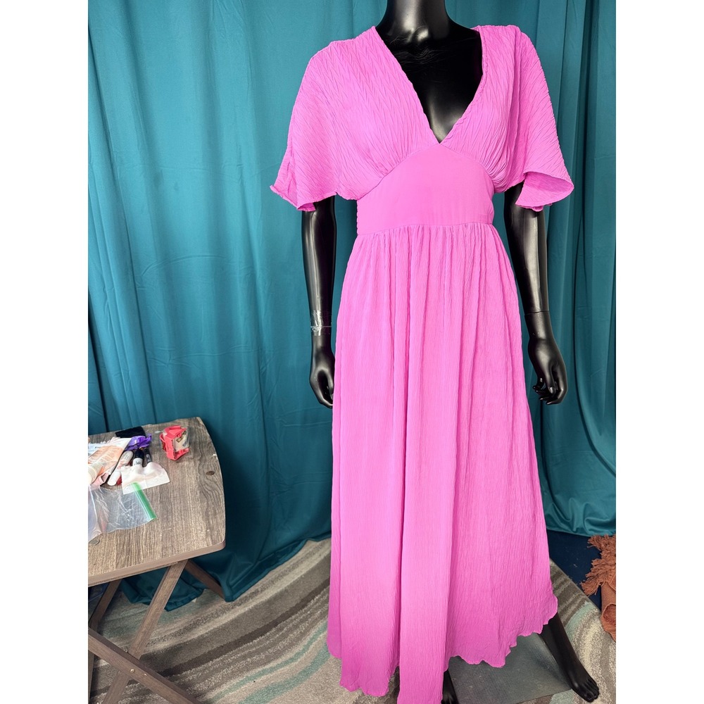 Japna Pink Crinkle Flutter Sleeve Maxi Dress V-Neck Flowy Bohemian Summer - Picture 4 of 10
